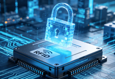 Conceptual image of RFID and Blockchain integration for a fast fixed asset tracking system.