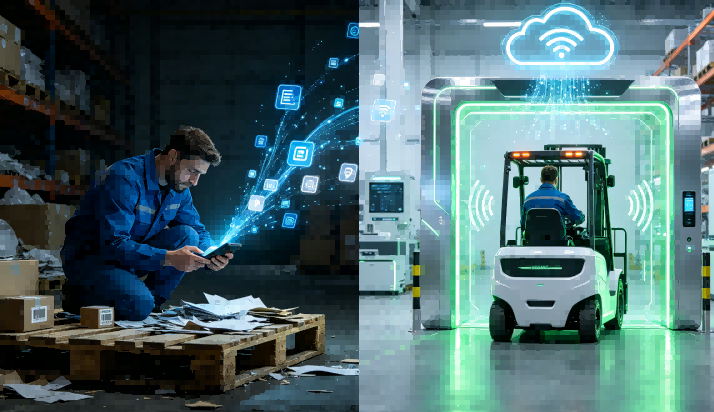A comparison showing the 90% efficiency increase between manual barcode scanning and RFID gate automation. Manual Barcode Scanning vs. FYJ Automated RFID Verification.