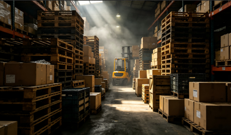 Peak season warehouse congestion frequently leads to undocumented pallet relocation and lost inventory. A busy congested 3PL warehouse with stacked pallets and forklift operators showing warehouse capacity constraints.