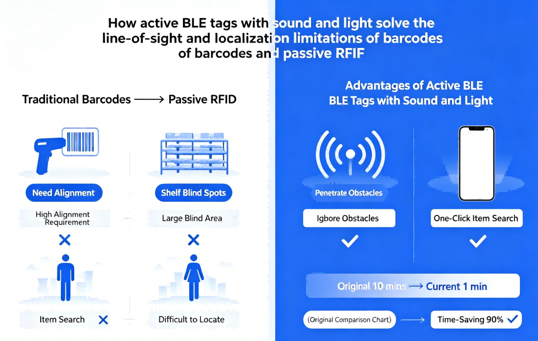 Comparison: Barcodes vs RFID vs BLE Sound & Light Tags Comparison infographic between barcode, passive RFID, and active BLE sound and light tags for returnable asset tracking
