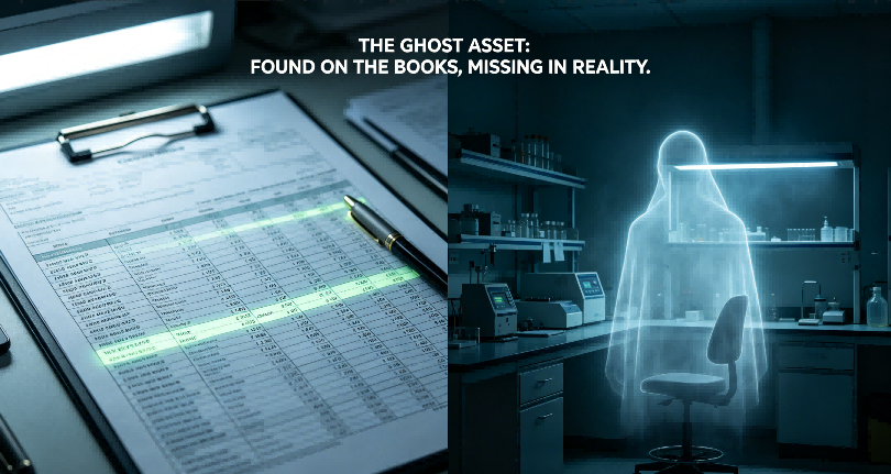 Understanding the Ghost Asset Problem Visual representation of a ghost asset where equipment appears on university financial records but is physically missing from the lab.